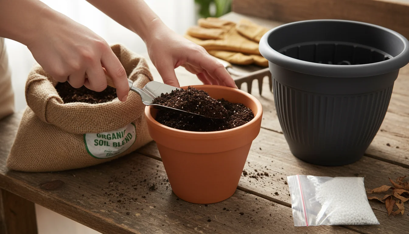 A gardener's hands scoop dark potting mix into an empty terracotta pot on a wooden bench, with another gray planter nearby.