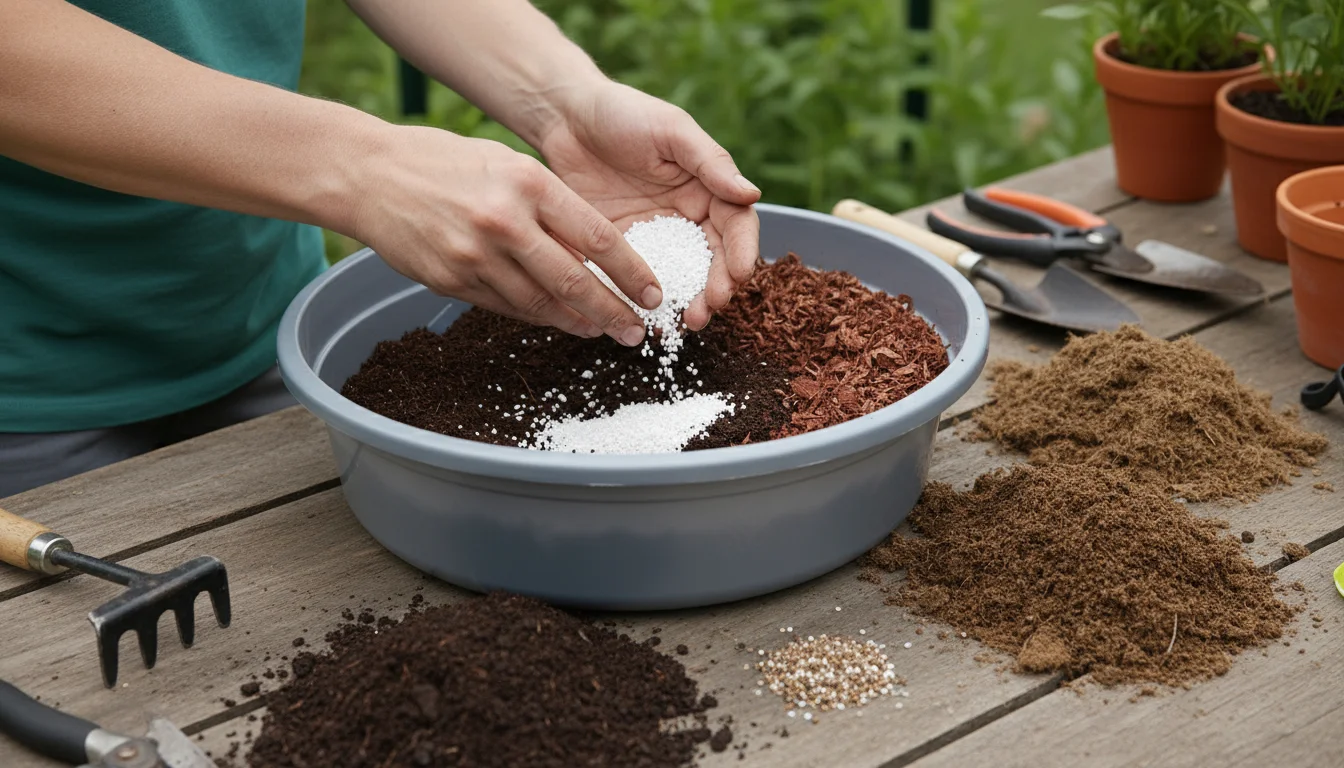 Gardener's hands scoop perlite into a mixing tub with potting mix and bark fines on a small outdoor table.
