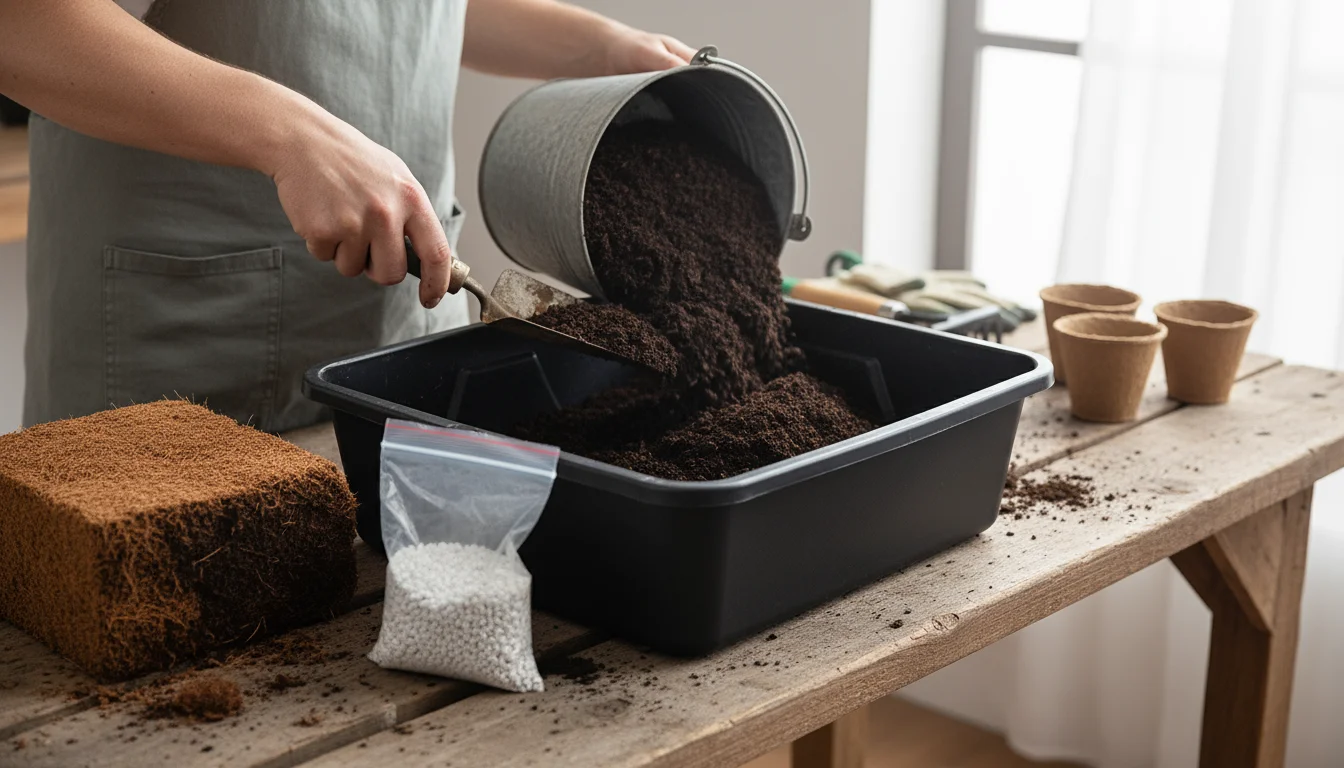 Gardener's hands scooping dark compost into a mixing bin, with coconut coir and perlite on a wooden bench.