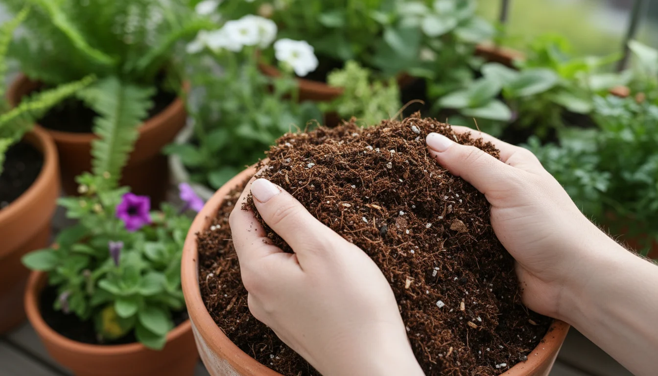 Gardener's hands scooping textured peat-free potting mix, rich with coir and wood, into a terracotta pot on a sunny urban balcony.