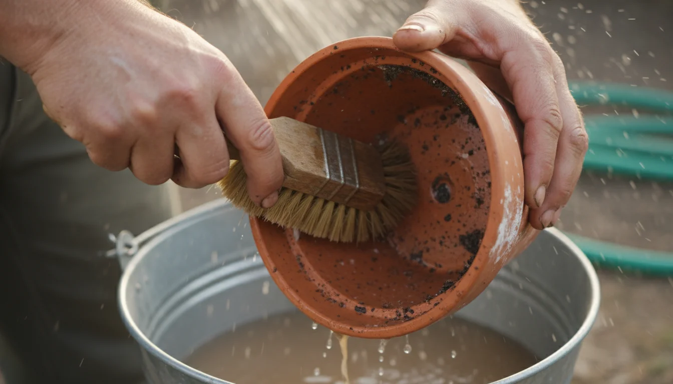Gardener's hands scrubbing dried soil and mineral stains from the inside of a terracotta pot with a brush.