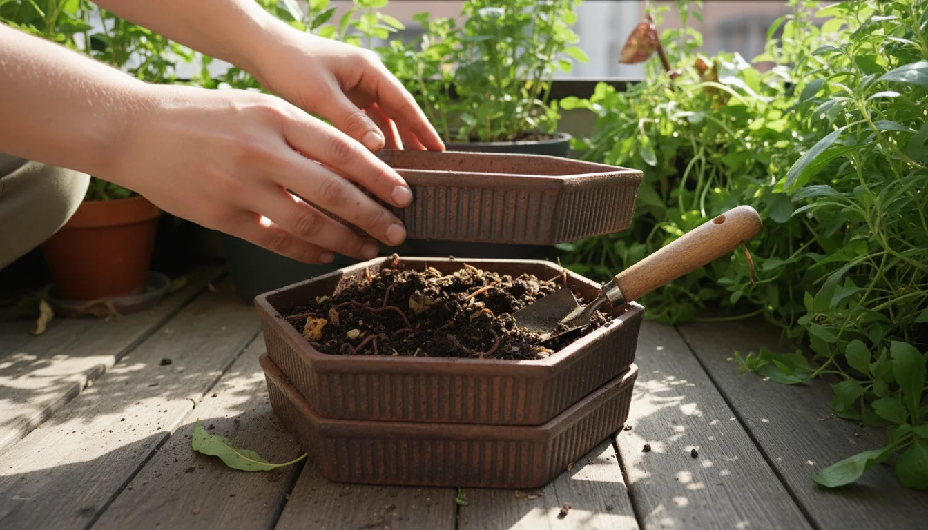 A gardener's hands separate trays of a stackable worm bin on a balcony, revealing rich, dark vermicompost in the lower tray.