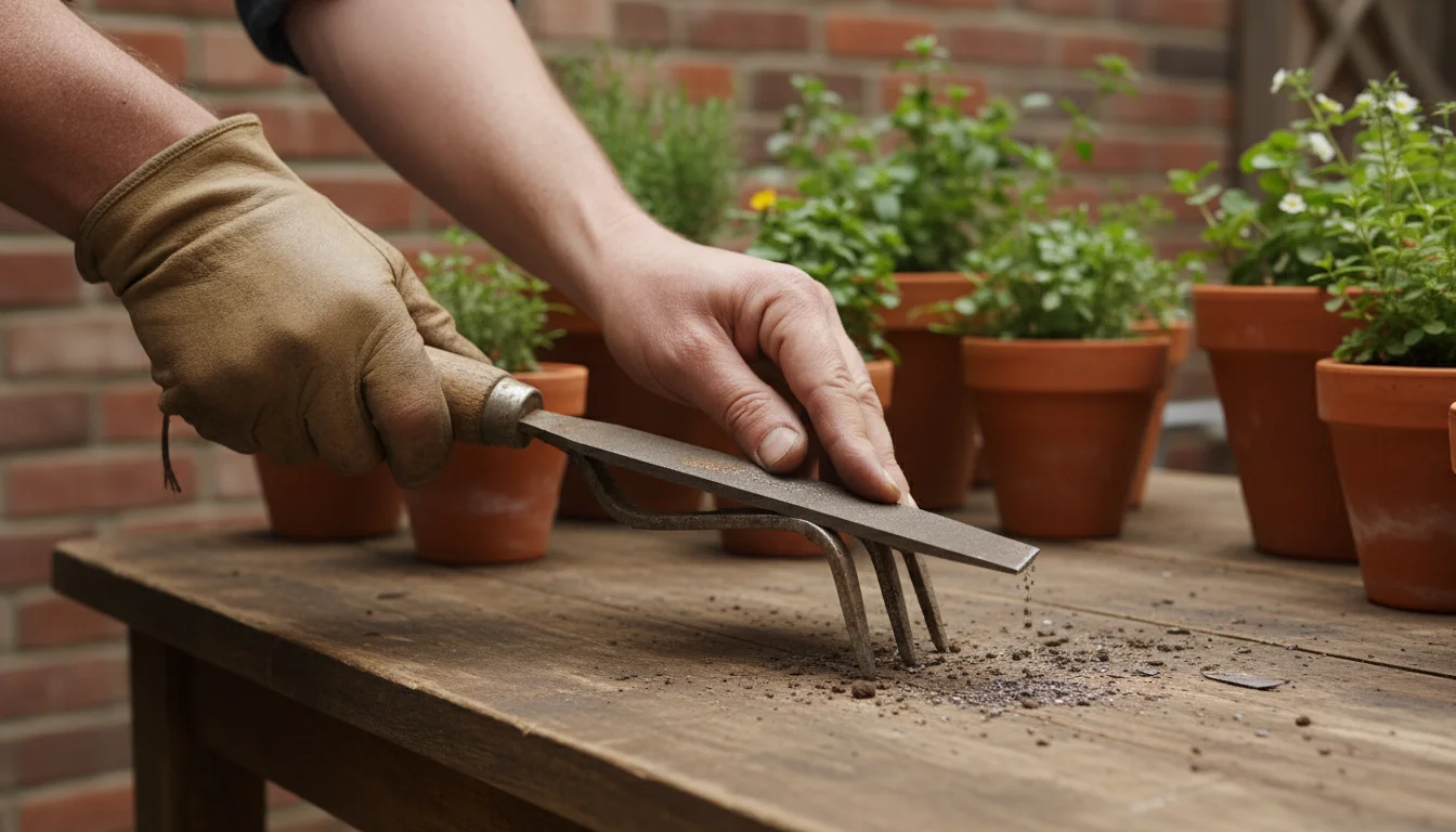 A gardener's hands sharpen a metal hand cultivator with a flat file on a wooden surface, with blurred patio plants in the background.