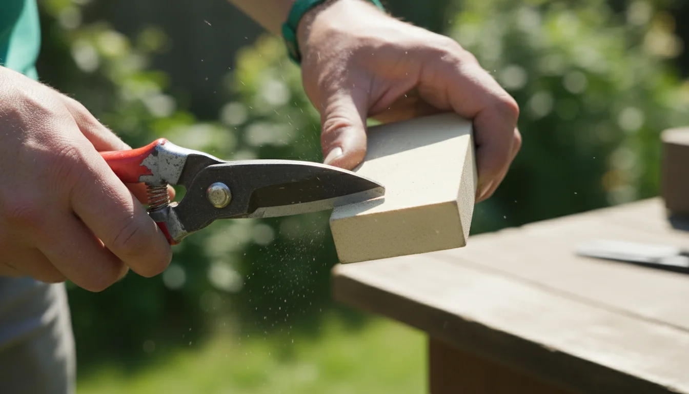 Close-up of a gardener's hands sharpening a bypass pruner blade with a sharpening stone, lush container plants in soft background.