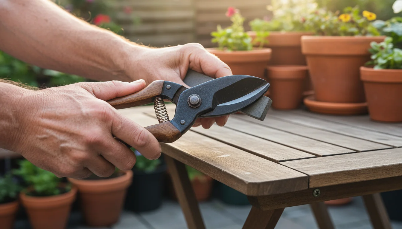 Gardener's hands sharpening well-used dark steel bypass pruners with wooden handles on a weathered wooden table, blurred plants in background.