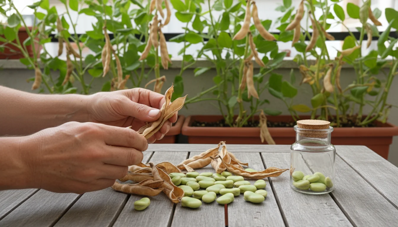 A gardener's hands gently shell dry fava bean pods on a wooden table, revealing pale green seeds next to a small glass storage jar.