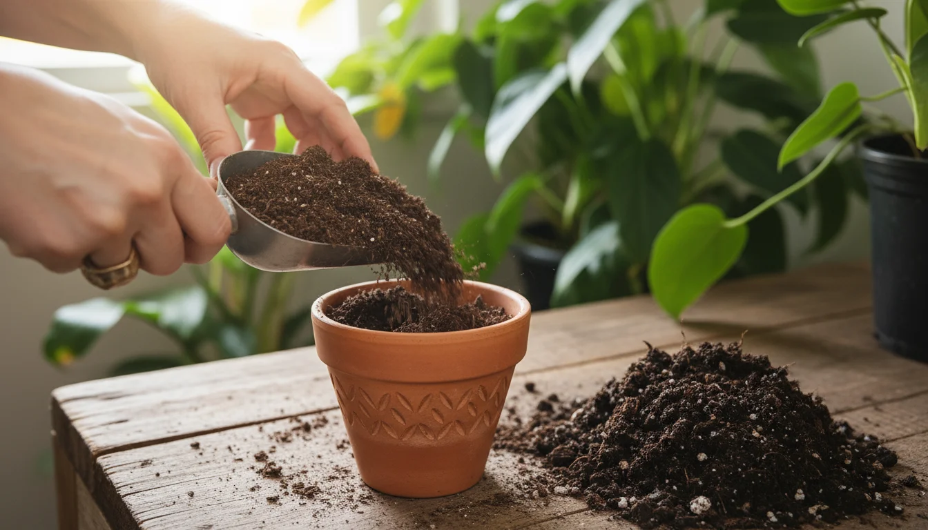 A gardener's hands sifting airy potting mix into a terracotta pot, with a clump of dense garden soil nearby for comparison.