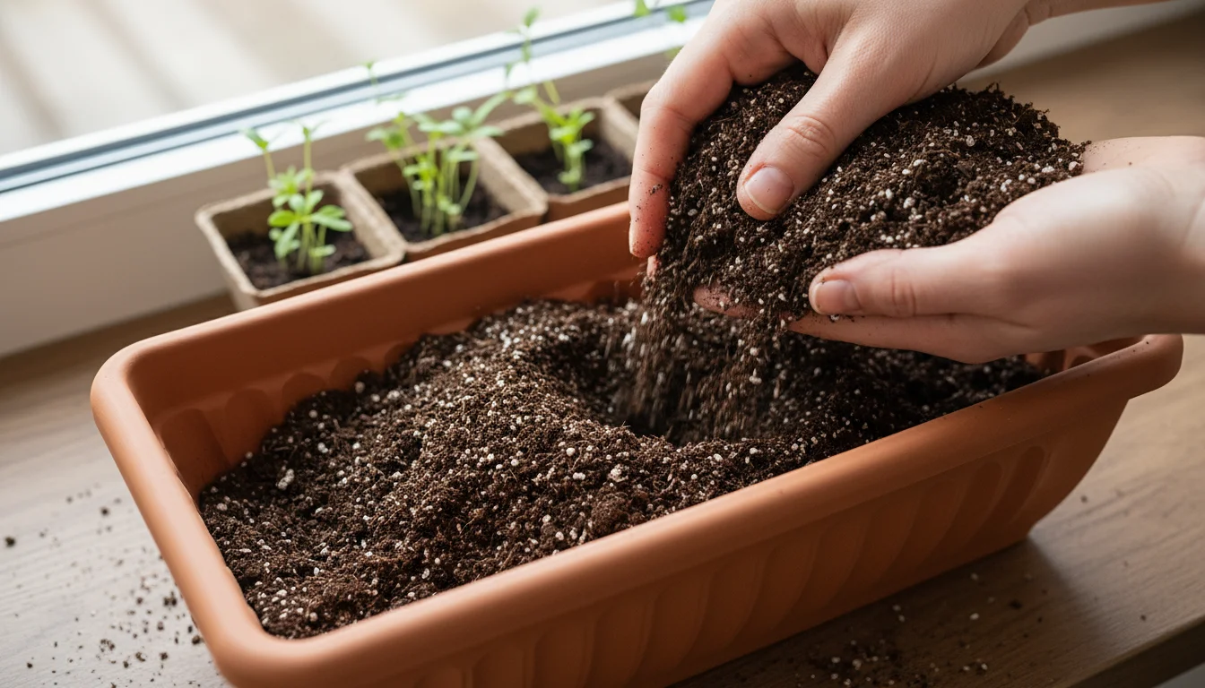A gardener's hands sifting dark, airy potting mix into a terracotta window box.