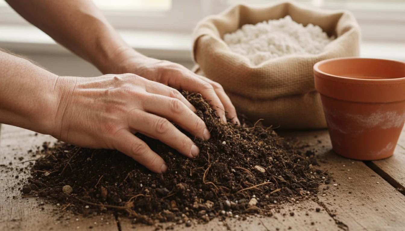 Gardener's hands sifting dense, clumpy garden soil on a wooden bench, with an open bag of fluffy potting mix in the background.