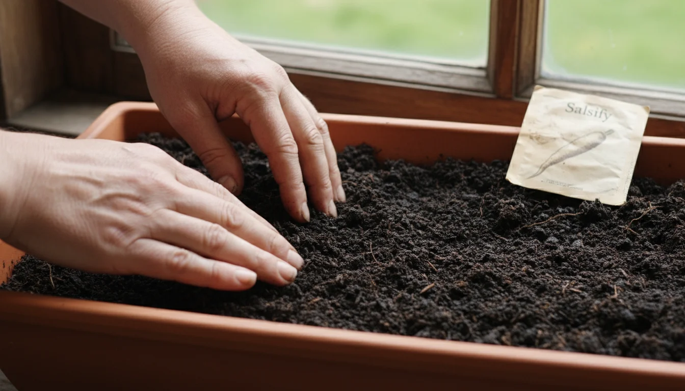 Close-up of gardener's hands gently sifting moist soil in a terracotta window box, no sprouts visible, an old seed packet nearby.