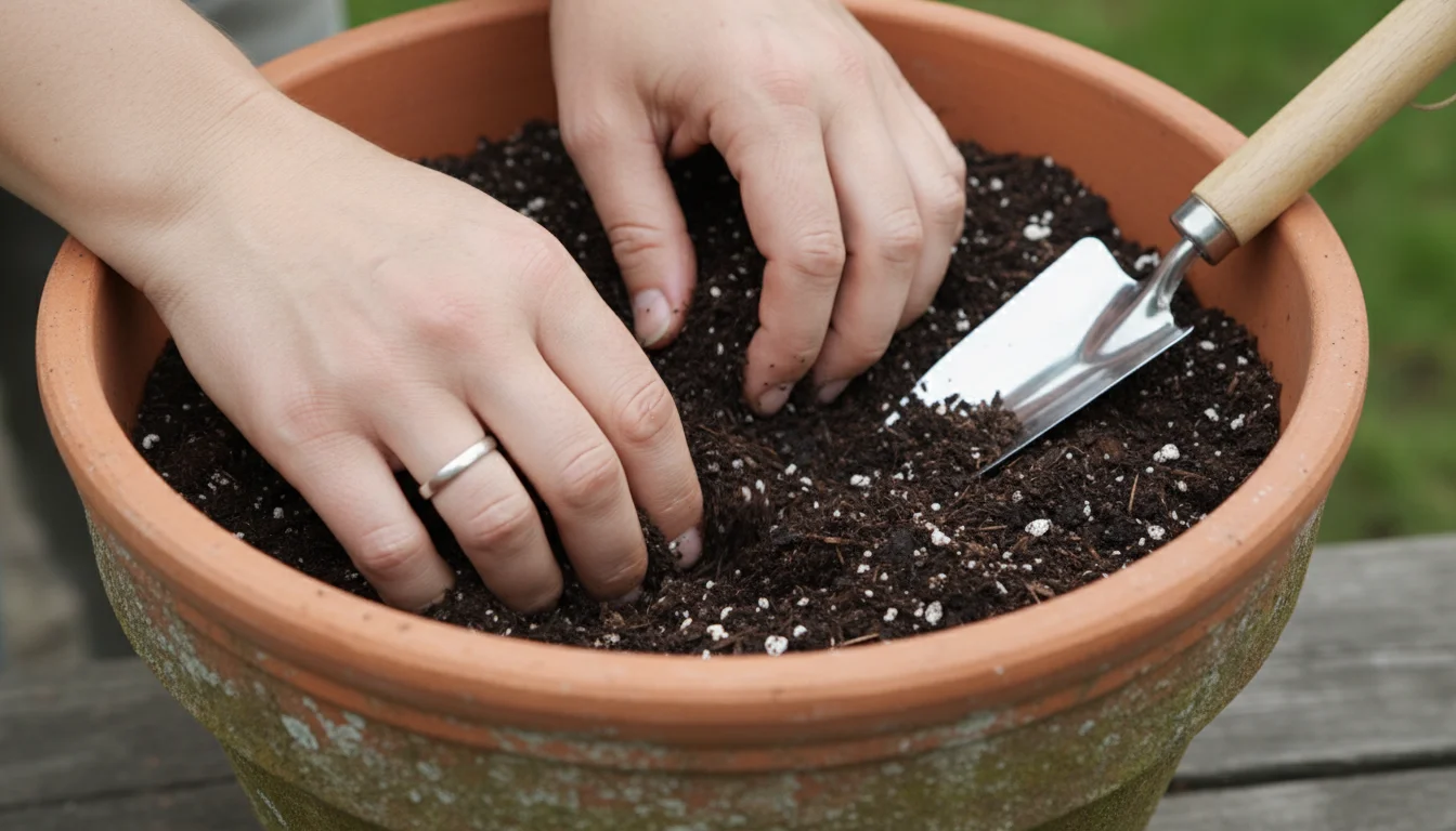 Close-up of gardener's hands gently sifting rich, dark organic potting mix in a terracotta container on a balcony table, preparing for native plants.
