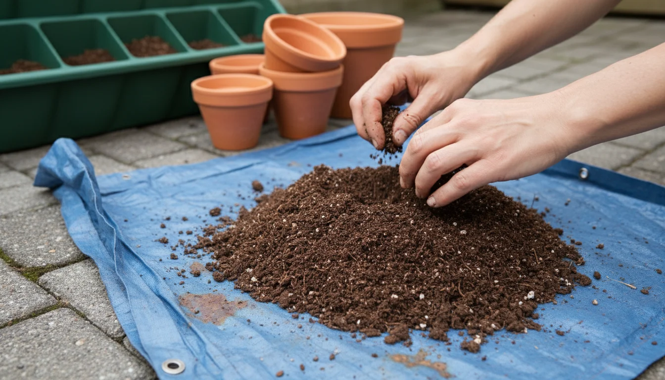 A gardener's hands sifting through used potting mix spread on a blue tarp on a patio, checking the soil's texture.