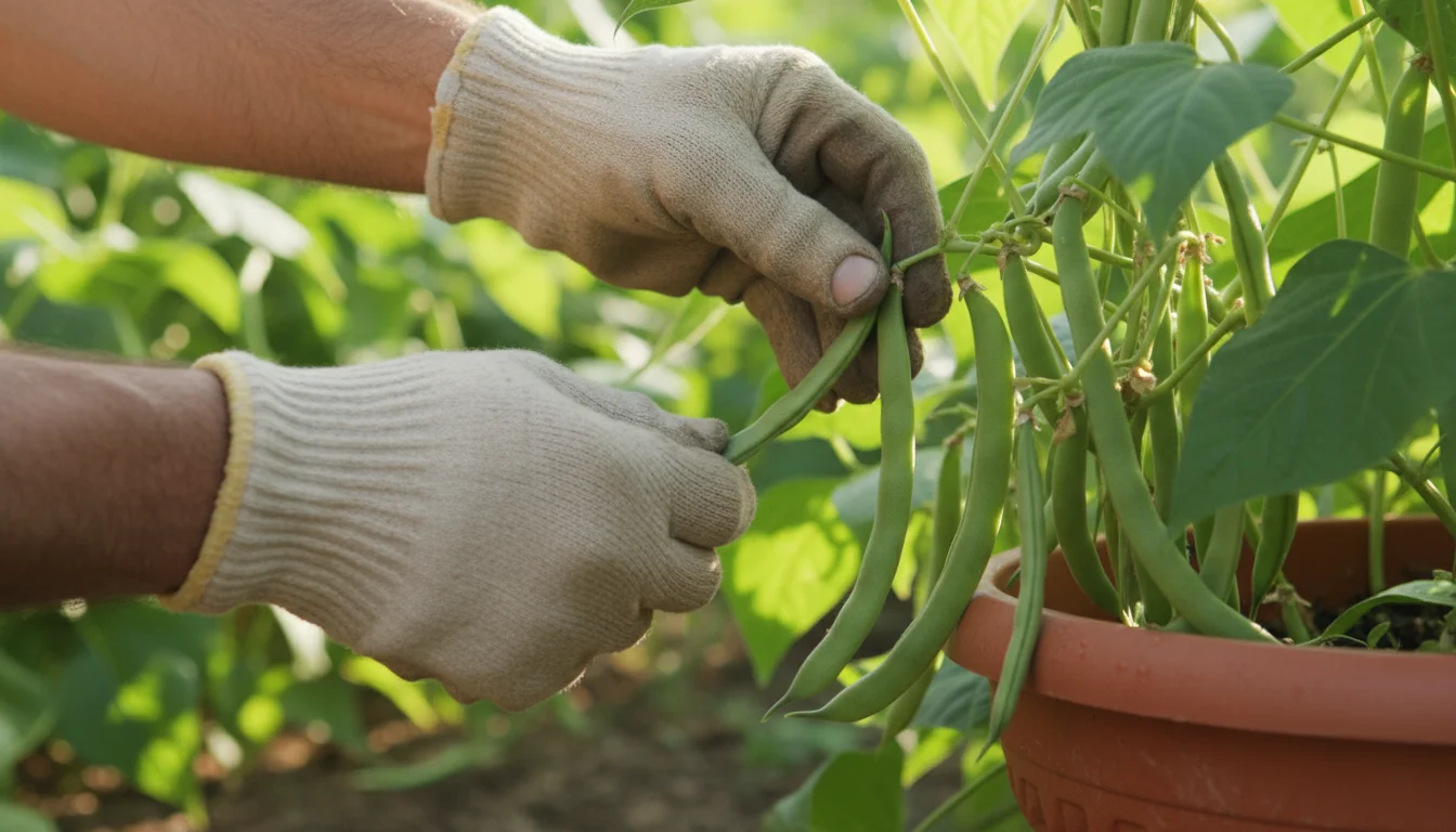 A gardener's hands, from a slight upward angle, carefully picking vibrant green pole beans from a dense vine in dappled morning light.