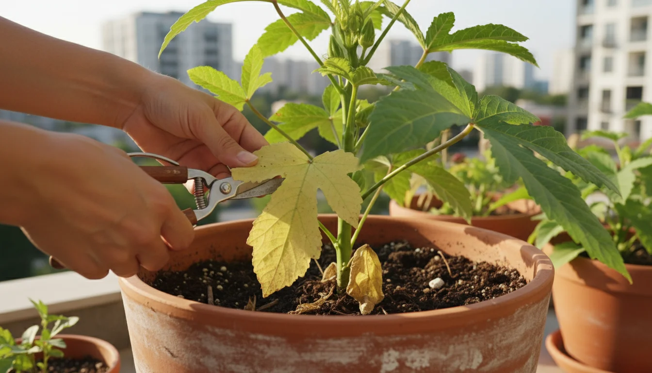 A gardener's hands with small pruning shears preparing to cut a yellowed lower leaf from an okra plant in a deep pot on a balcony.