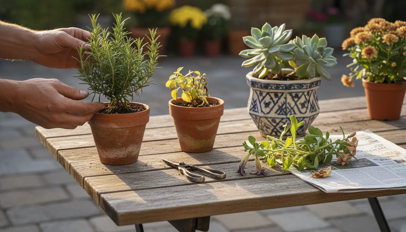 Gardener's hands sort container plants on a patio table: a healthy rosemary, a struggling fuchsia with shears, a spent petunia, and a unique succulent