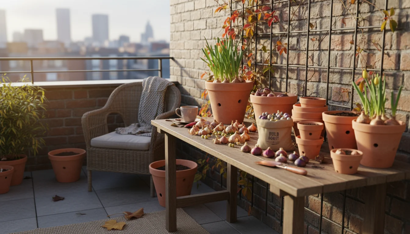 A gardener's hands sort various spring bulbs like daffodils, tulips, and crocuses on a wooden bench with terracotta pots. A labeled bag 'Chilled Bulbs