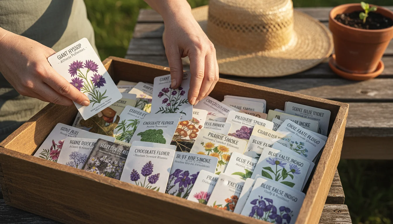 A gardener's hands sorting through a rustic wooden box filled with a diverse collection of colorful perennial seed packets, with a vibrant potted plan