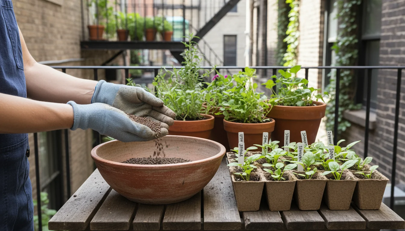 A gardener's hands sow seeds directly into a ceramic container, next to a tray of labeled spinach seedlings on a patio.