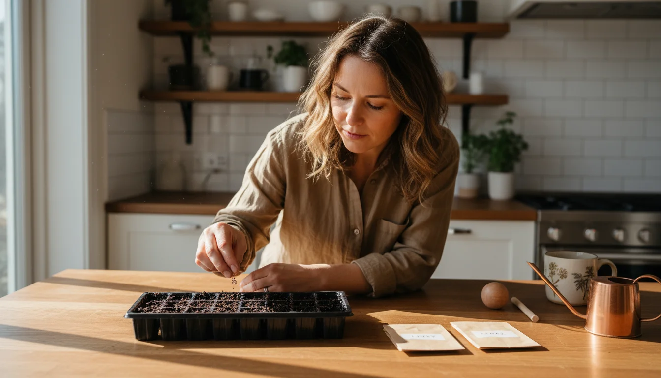 A gardener's hands gently sow tiny seeds from a packet into a seed-starting tray filled with dark soil on a kitchen counter, illuminated by natural li