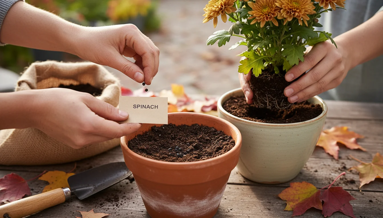 A gardener's hands sowing seeds into one terracotta pot and holding a small plant transplant over another pot on a wooden surface.
