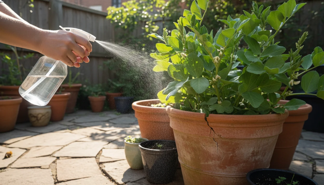 A gardener's hands spray water onto fava bean plants growing in a terracotta pot on a patio, demonstrating pest management.