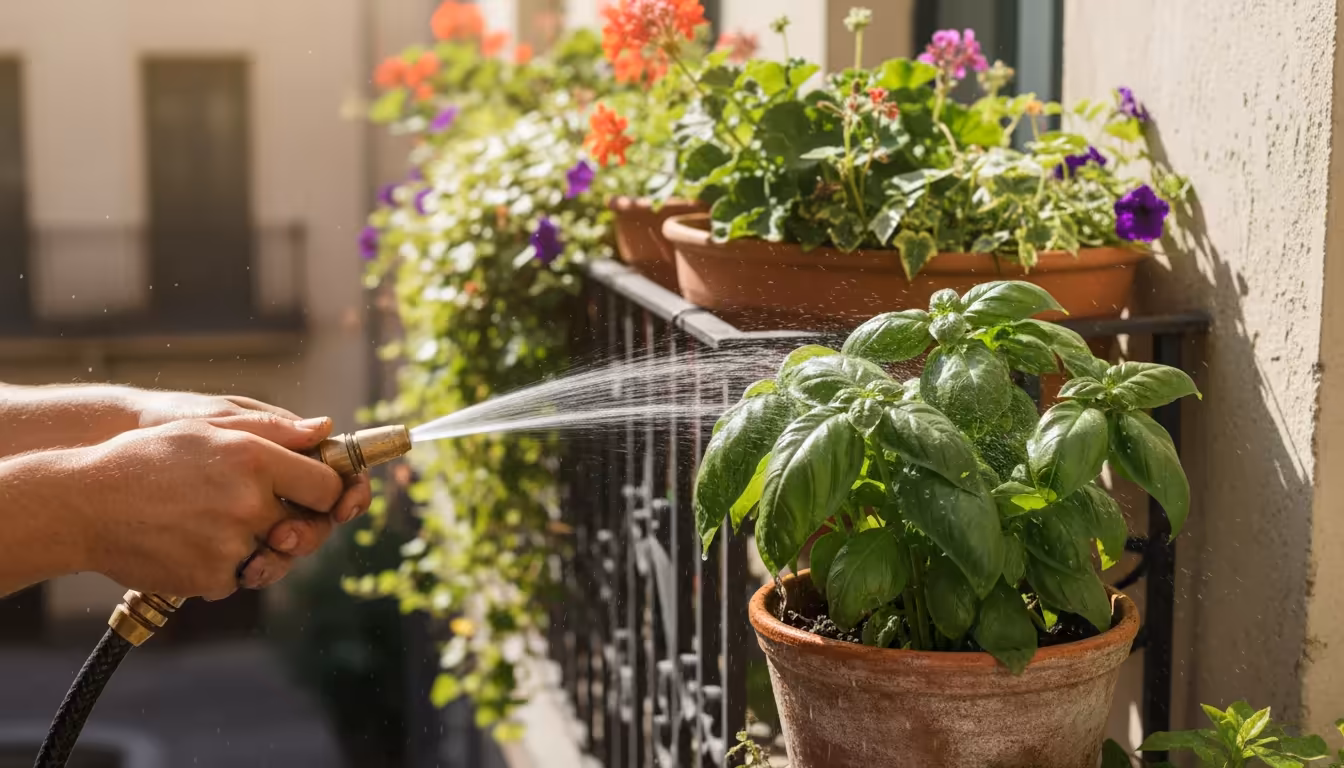 A gardener's hands spray water onto the underside of a basil plant in a terracotta pot on a sunlit balcony, demonstrating eco-friendly pest removal.