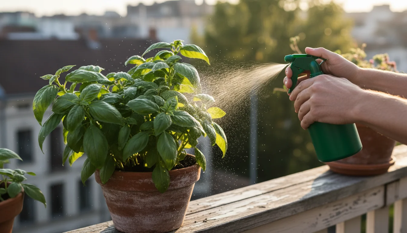 A gardener's hands spray water onto a vibrant basil plant in a terracotta pot on a sunny balcony railing, demonstrating pest removal.