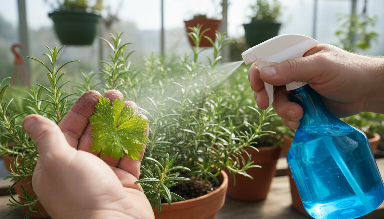 A gardener's hands carefully spraying the underside of a rosemary leaf with a fine mist from a spray bottle on a balcony.