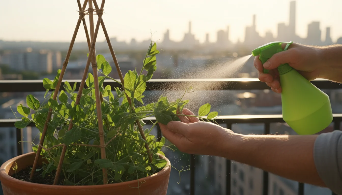 Gardener's hands spraying water onto pea leaves in a pot on a balcony to remove pests.