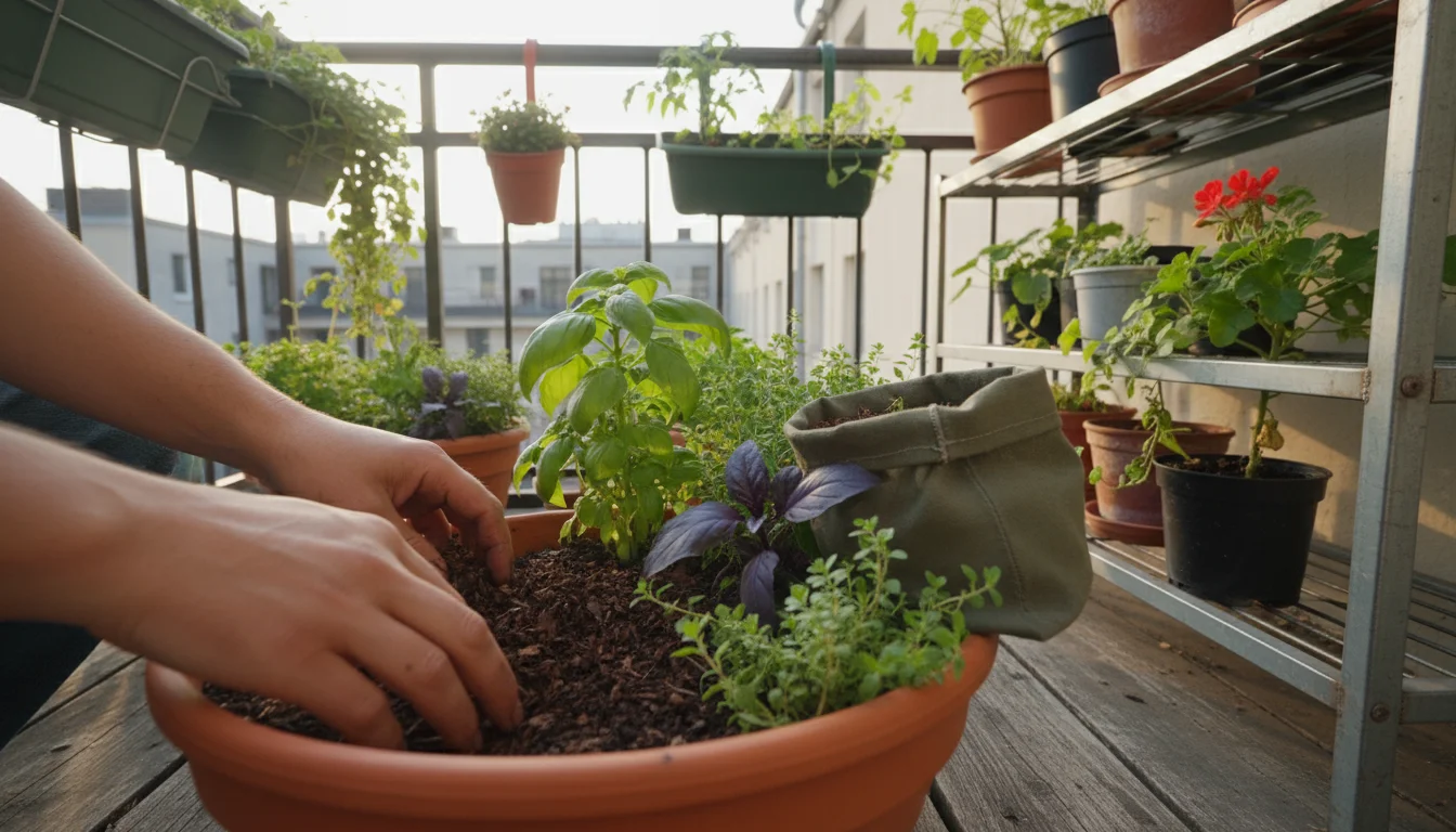 A gardener's hands spread dark, shredded leaf mulch onto an herb plant in a container on a small urban balcony, with other potted plants.