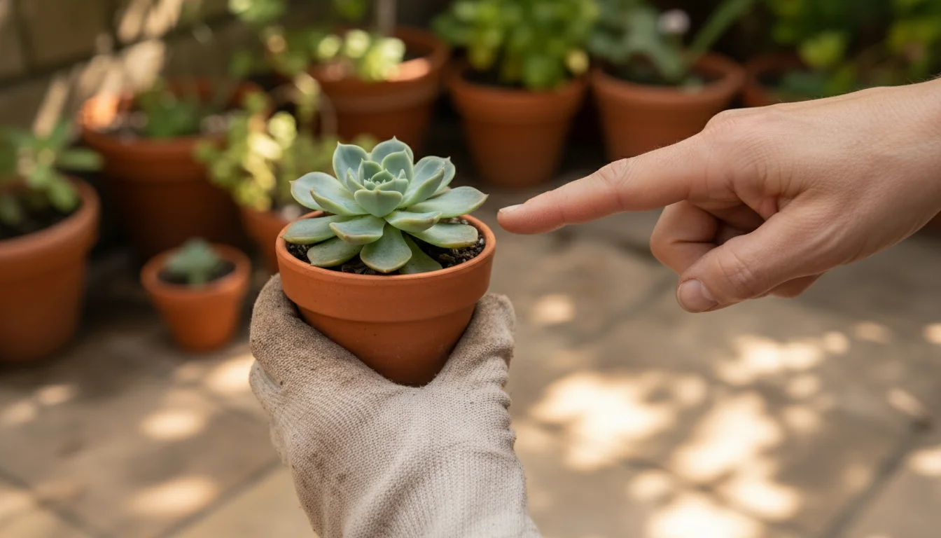 Gardener's hands gently examining a slightly stretched Echeveria succulent in a terracotta pot, showing early signs of etiolation.
