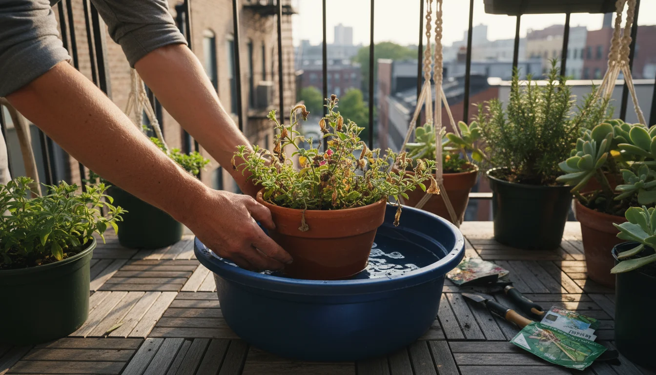 Gardener's hands submerging a terracotta pot with a wilting annual into a water-filled basin on a balcony, visible bubbles escaping from the dry soil.