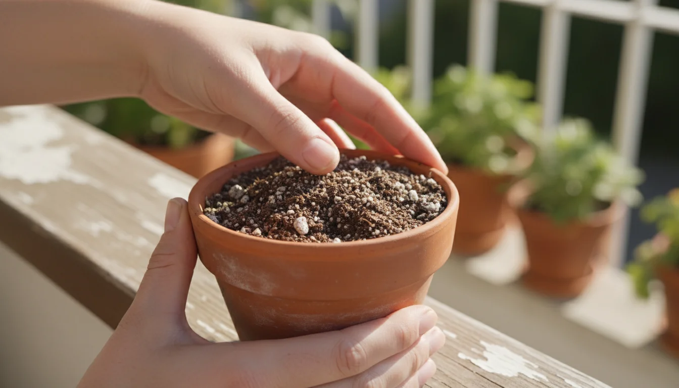 Gardener's hands gently tap a terracotta pot filled with loose, airy potting mix on a sunny balcony railing, settling it naturally.