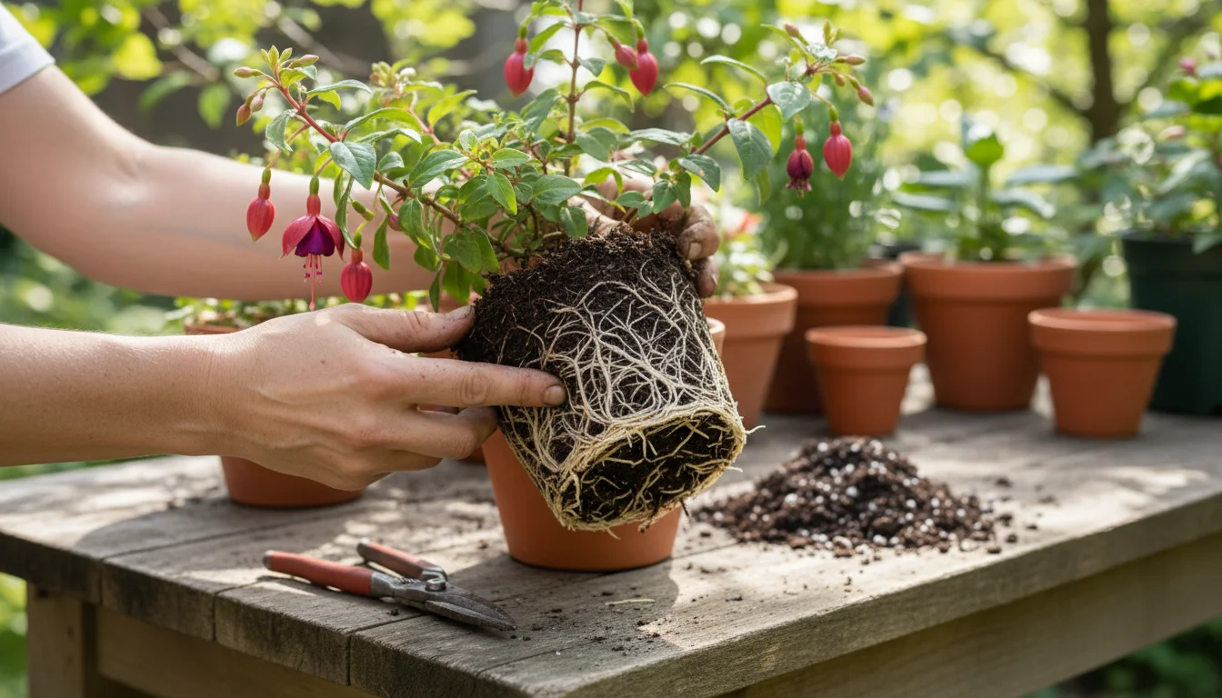 Gardener's hands gently tease apart the dense, matted roots of a vibrant container plant on a balcony table, with fresh potting mix nearby.