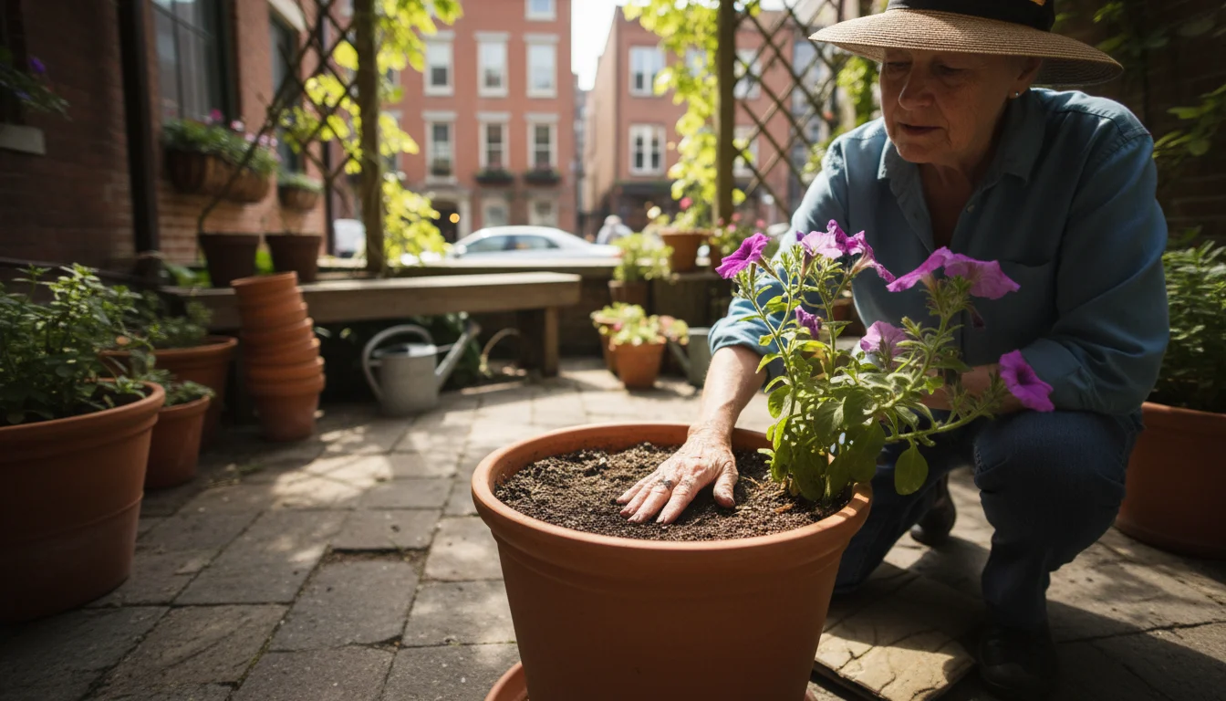 Gardener's hands gently testing dry soil surface in a terracotta pot on a sun-dappled urban patio, with other containers in soft focus.
