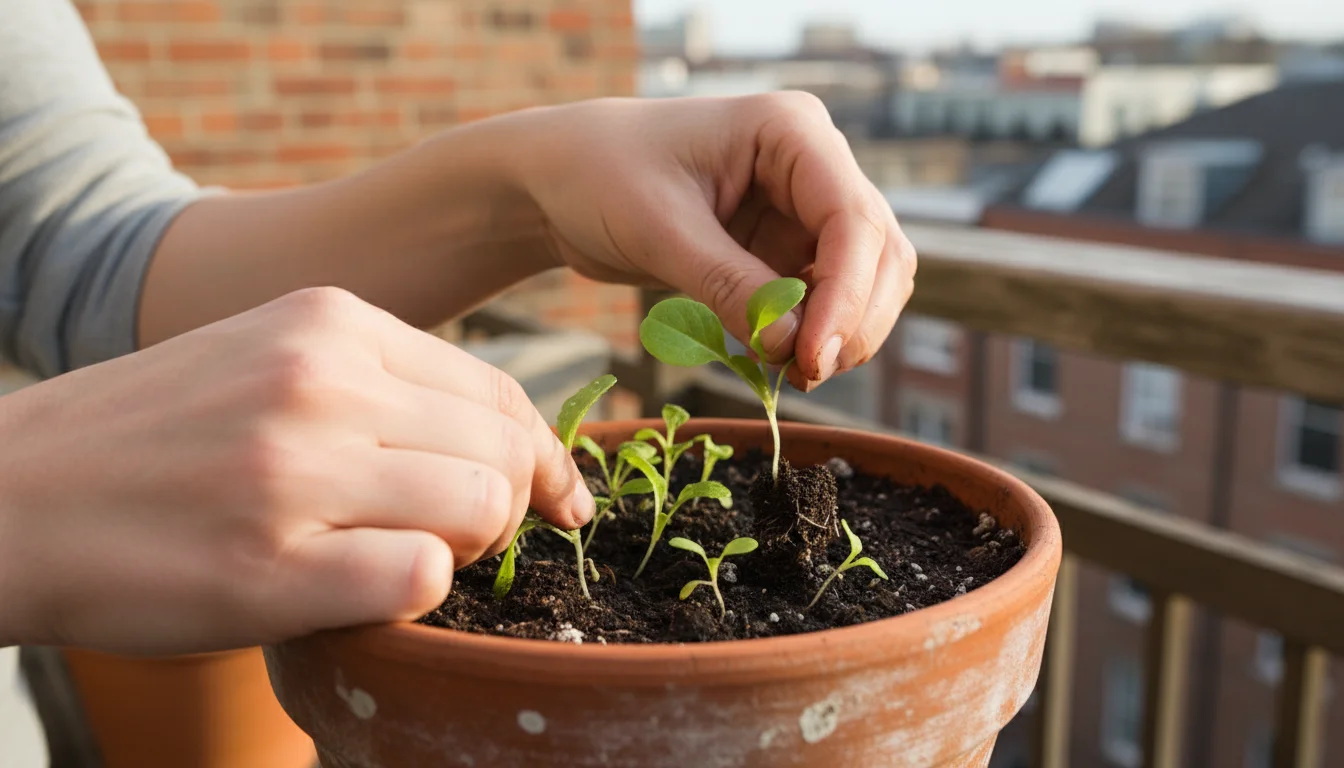 A gardener's hands carefully thin small, green lettuce seedlings in a terracotta pot on a sunny balcony.
