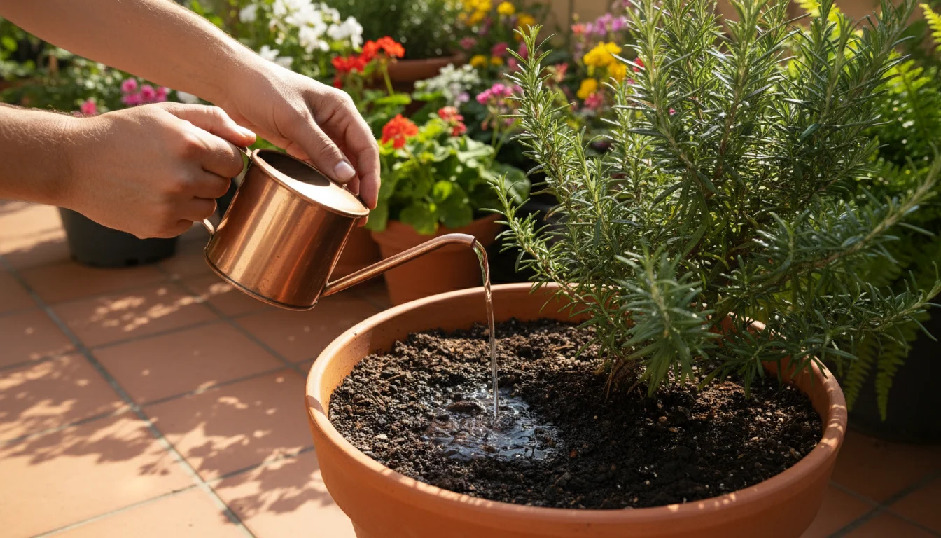 Gardener's hands thoroughly watering a potted rosemary plant on a sunny patio, preparing it for spring fertilizing.
