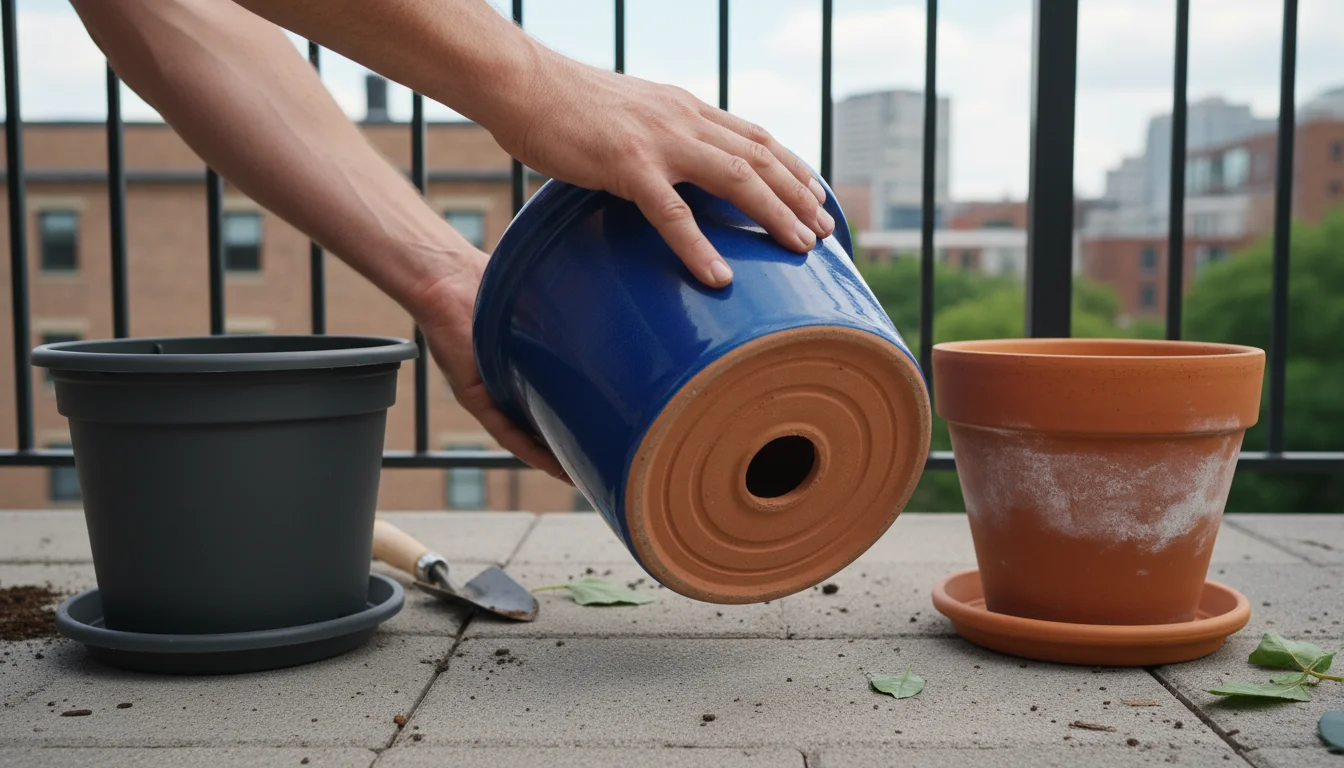 A gardener's hands tilt a deep blue ceramic pot to show its drainage hole, with other potential pots nearby.