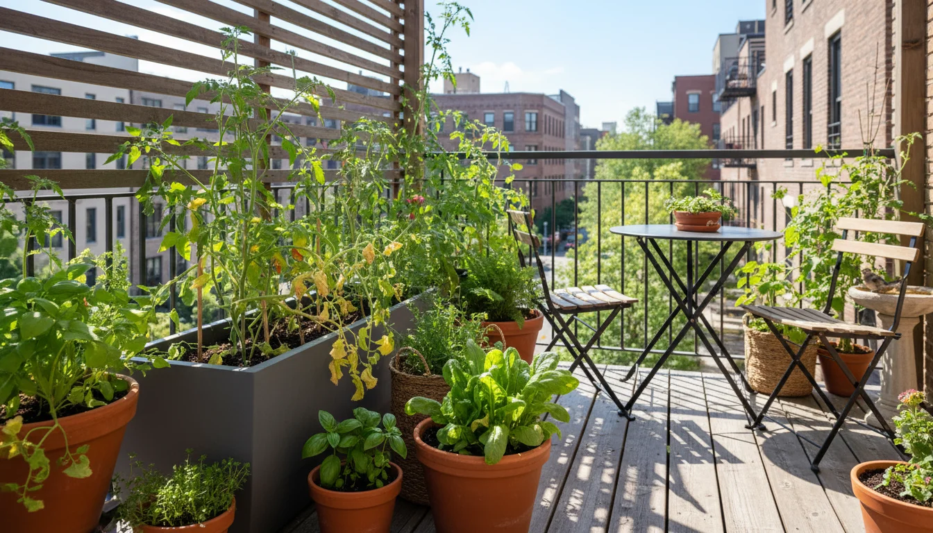 Gardener's hands top-dressing a healthy herb in a balcony pot with compost. A nearby leafy green plant shows pale, yellowing leaves.