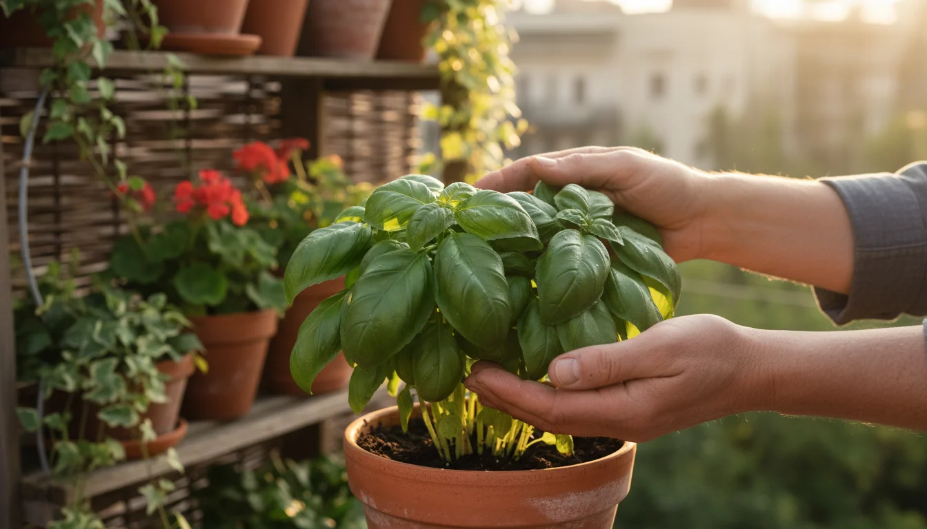 Gardener's hands gently touch vibrant, healthy basil leaves in a terracotta pot on a sunny balcony, surrounded by other thriving container plants.