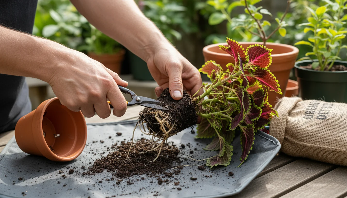 A gardener's hands carefully trim dark, rotted roots from a small plant's root ball with sharp pruners on a patio table.