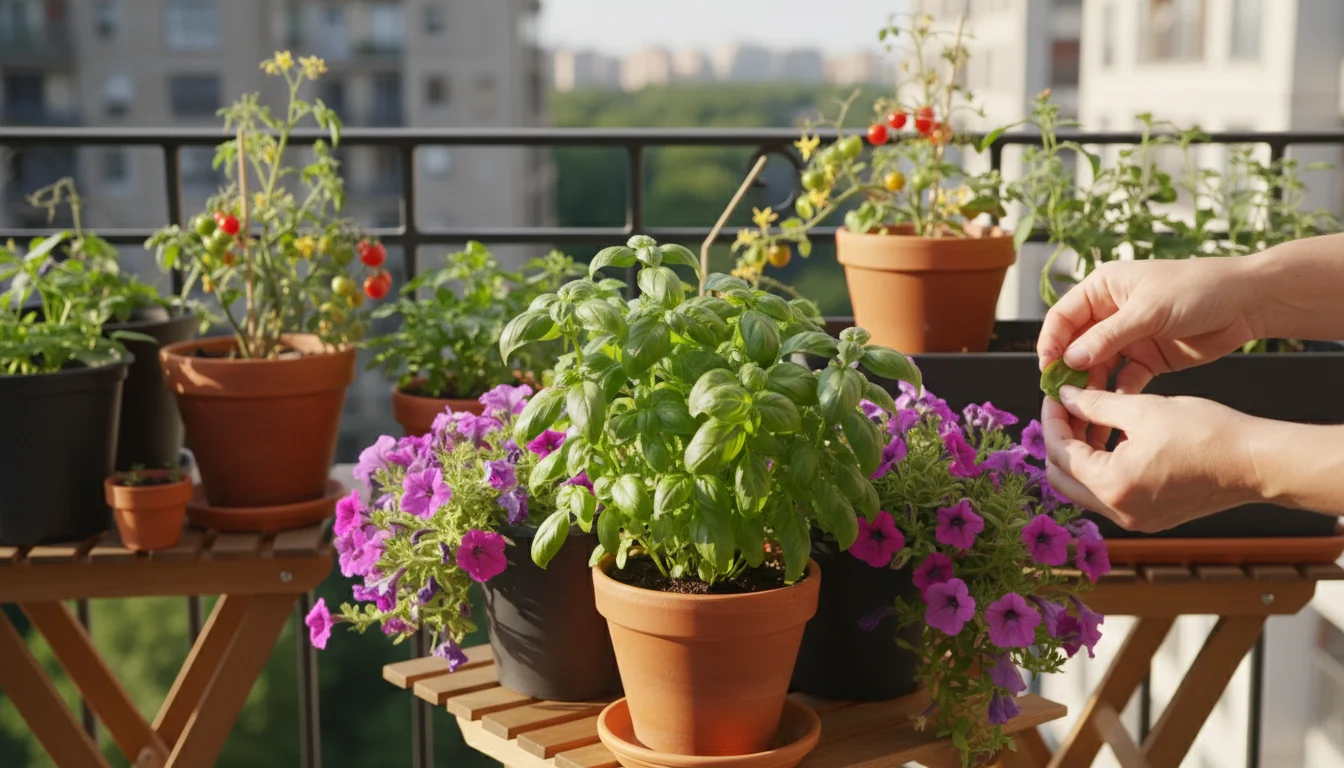 A gardener's hands gently trim a yellowing leaf from a basil plant in a well-spaced container garden on an urban balcony.