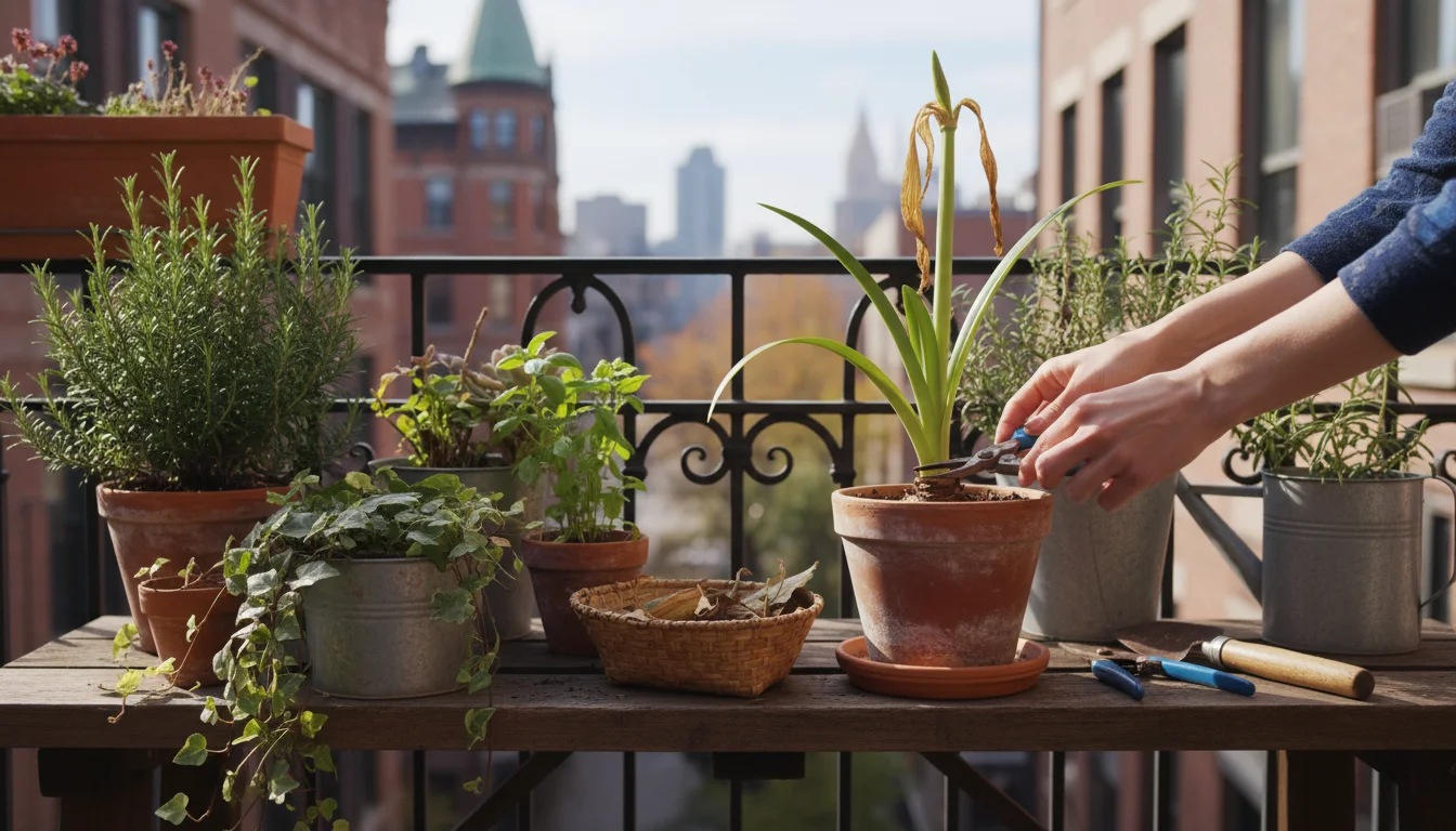 A gardener's hands gently trim yellowing leaves from a potted Amaryllis on a sunny balcony in autumn.