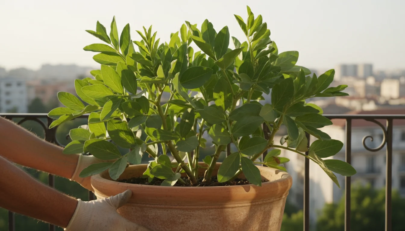 A gardener's hands gently turn a vibrant, green fava bean plant in a terracotta pot on an urban balcony. The plant shows no flowers or pods.