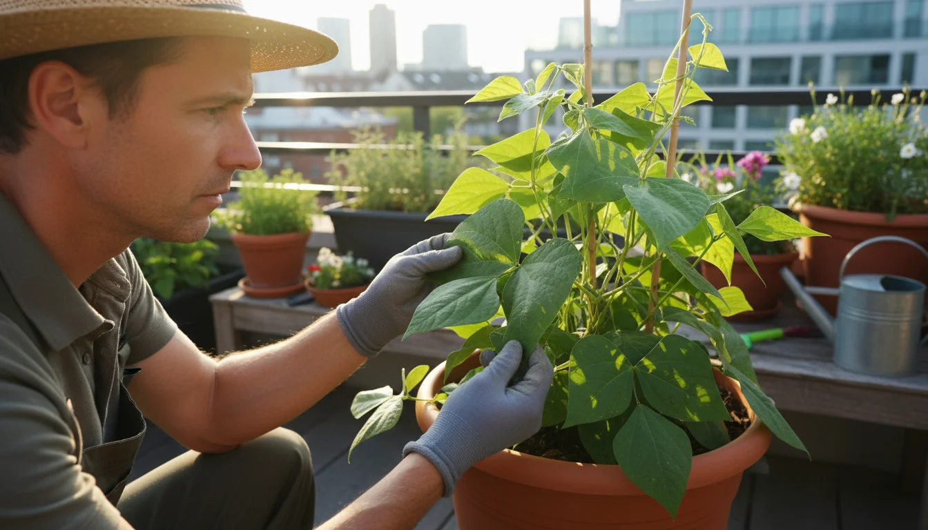 A gardener's hands gently turn over a vining bean leaf on a sunny balcony to inspect its underside, revealing subtle signs of pests.
