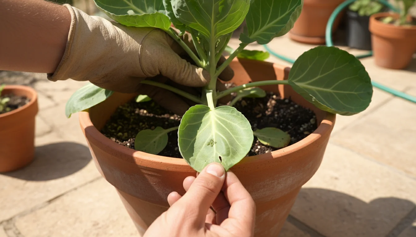 Gardener's hands gently turning over a Brussels sprout leaf in a patio pot, inspecting its underside for early signs of pests.