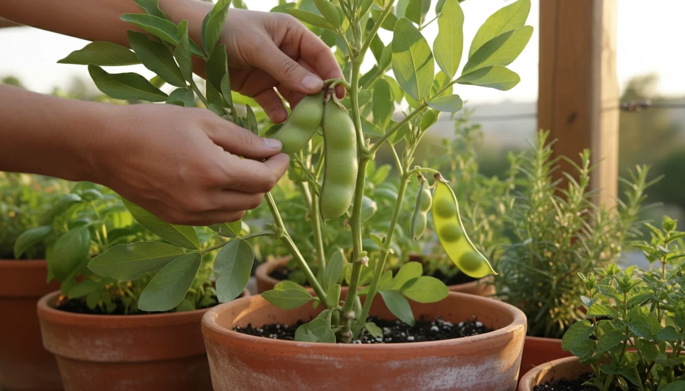 A gardener's hands carefully twist a plump, green fava bean pod from a plant in a terracotta pot on a sunny patio.