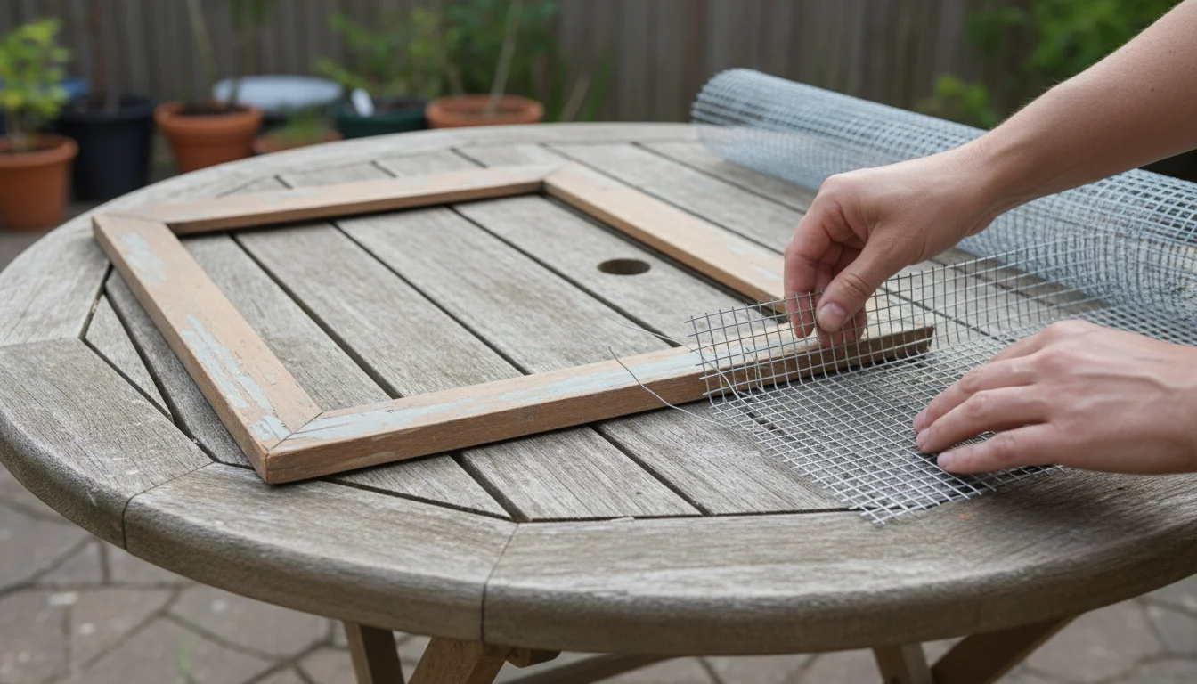 Gardener's hands unrolling silver hardware cloth next to an old, weathered wooden picture frame on a patio table, gathering materials for a DIY leaf s