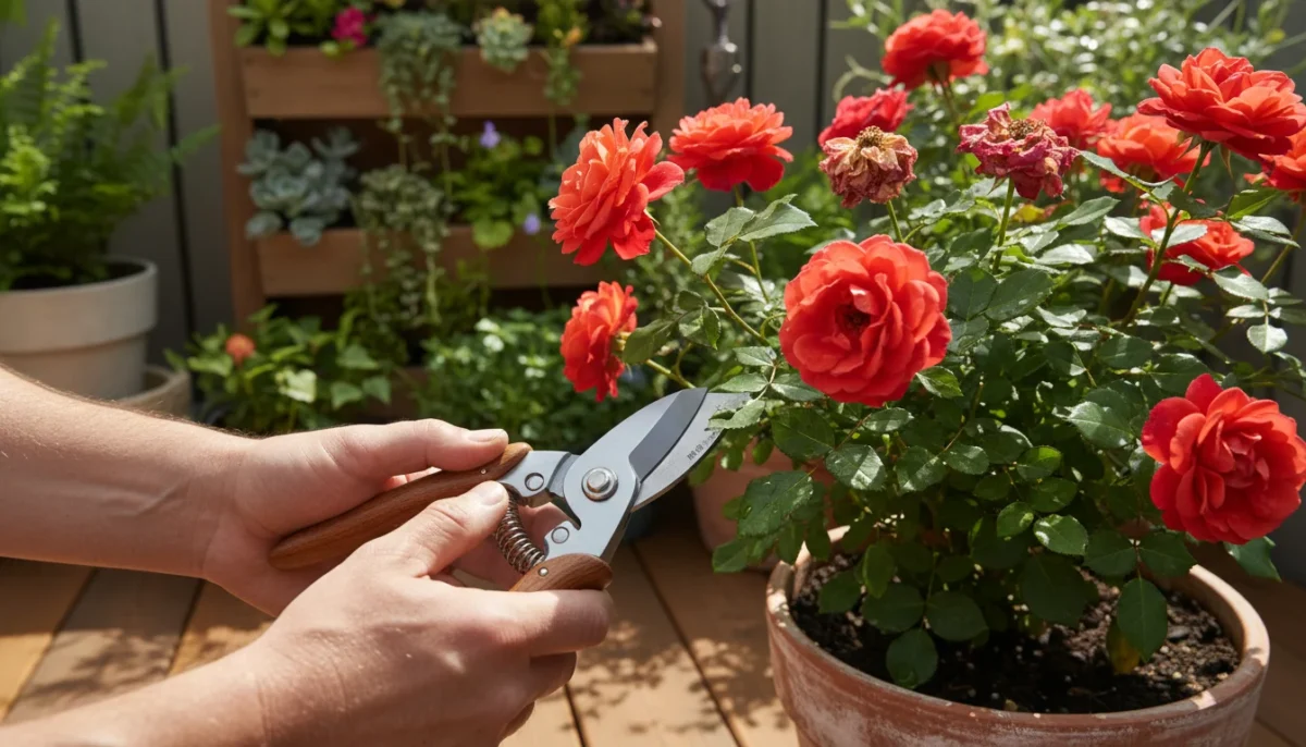 A gardener's hands use bypass pruners to snip a spent rose bloom from a potted plant on a sunny balcony.