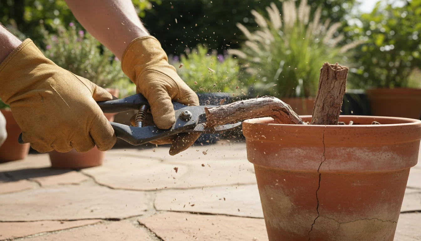 Close-up of a gardener's hands using anvil pruners to cut a thick, dry woody stem from a plant in a terracotta pot on a patio.
